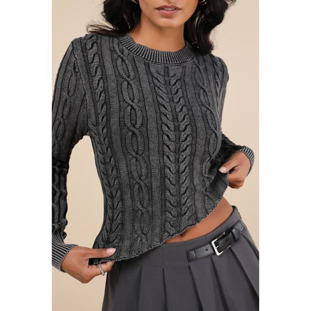 Lulus Edgy Forecast Charcoal Grey Cable Knit Asymmetrical Sweater - Size S